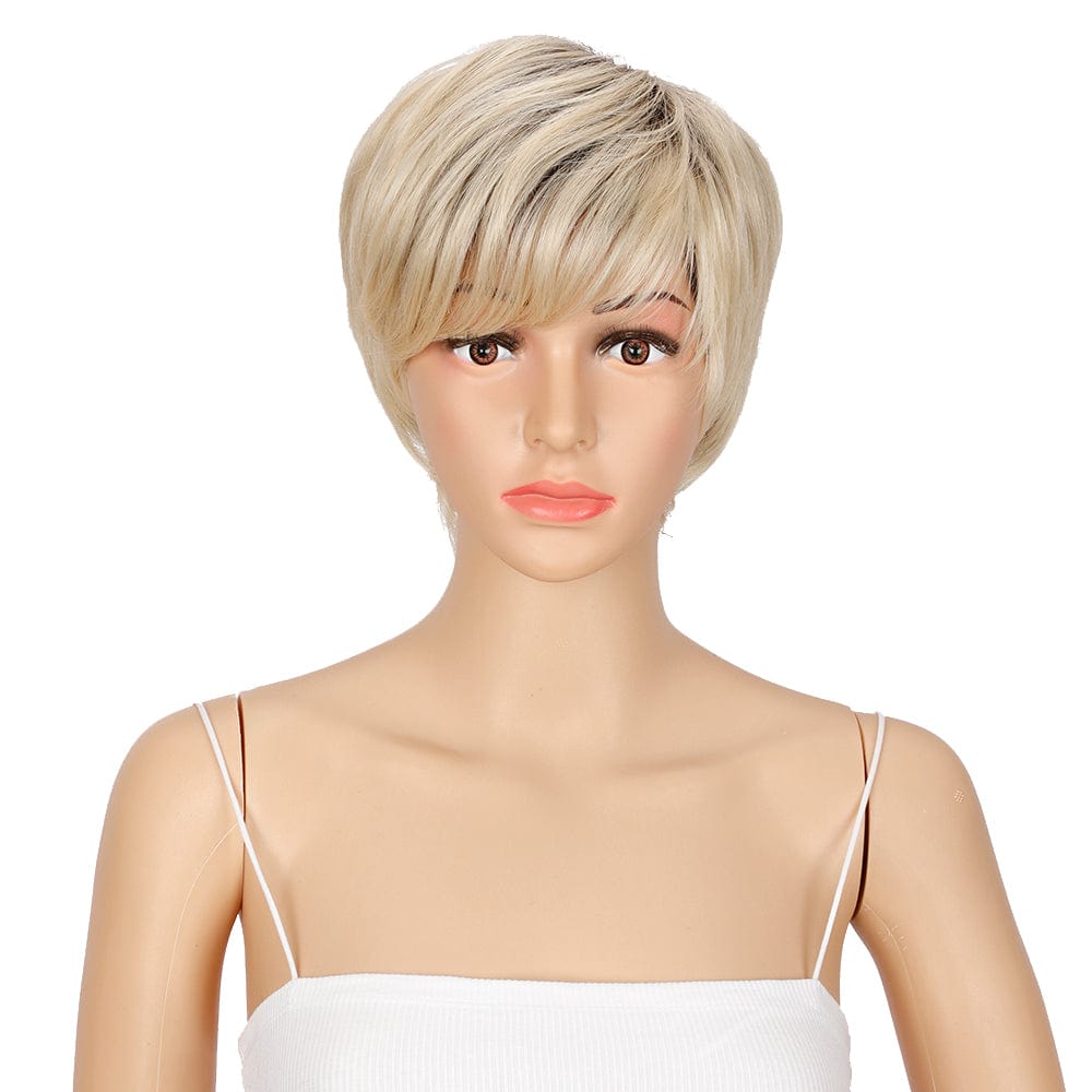 Sleek short pixie cut women weave non lace finger highlight ombre 613 bob synthetic hair wig