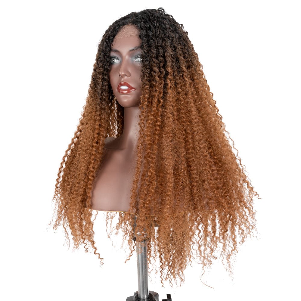 Sleek wholesale hot selling heat resistant Long kinky curl Blonde Ombre Swiss Lace part Front Wig Synthetic hair Wig for women