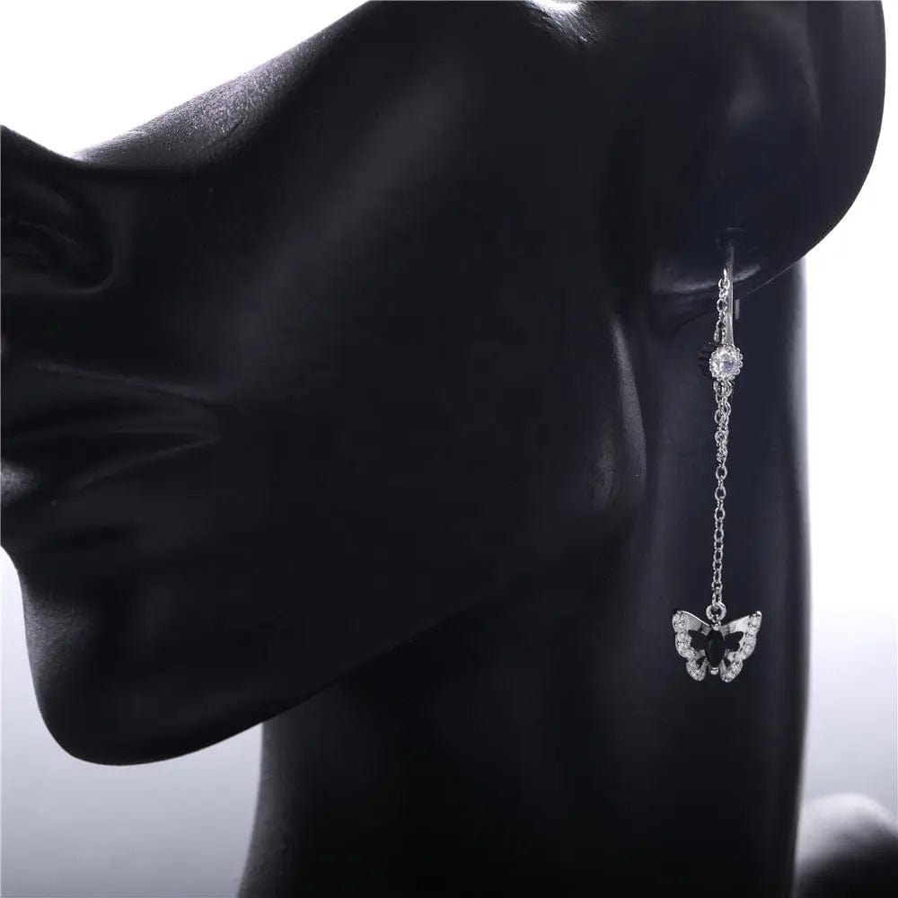 Slovehoony Luxury Butterfly Pendant Stud Earrings Elegant Long Tassel Stud Earring 925 Sterling Silver For Women Jewelry Gift CZ