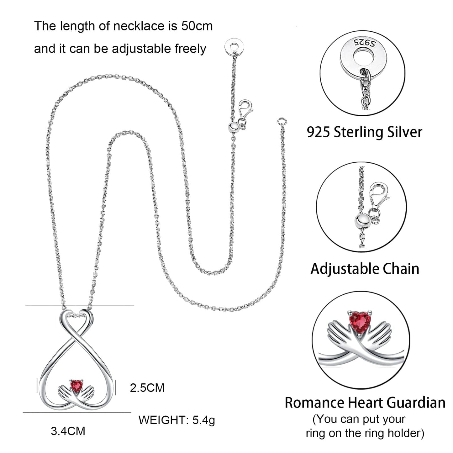 Slovehoony S925 Silver Popular Wedding Heart April July Birthstone Hug Hand Adjustable Ring Holder Necklaces Kolye