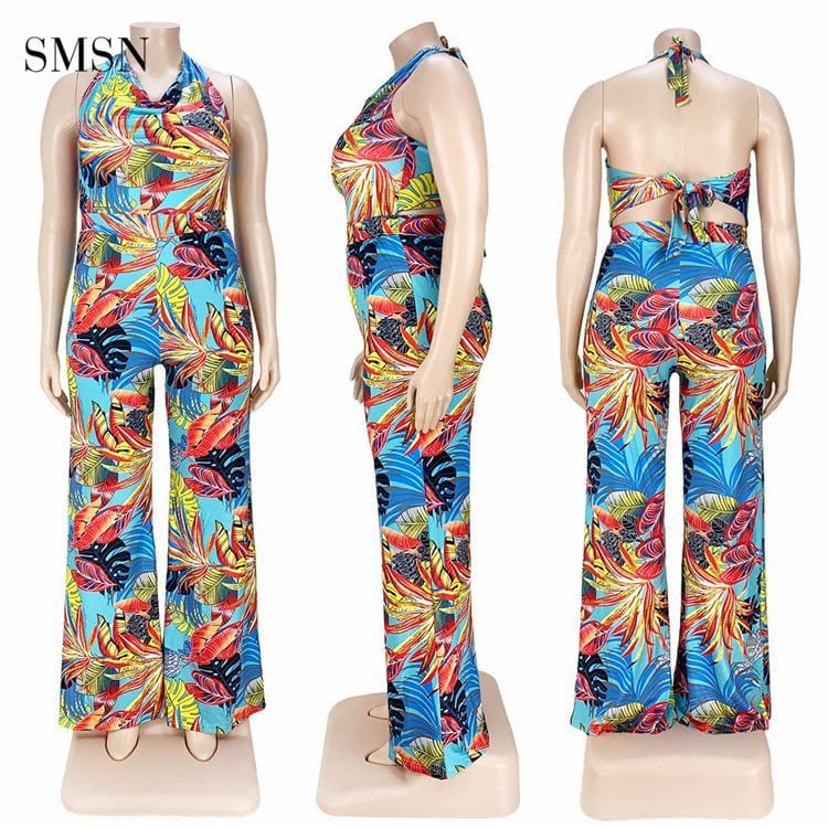 SMSN OSINA New Trendy Tropical Print Backless Halter Jumpsuit Pants Wide Leg Summer Plus Size Women Jumpsuits And Rompers