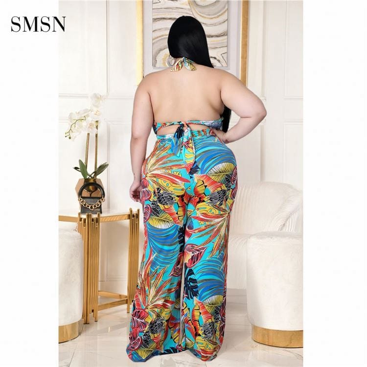 SMSN OSINA New Trendy Tropical Print Backless Halter Jumpsuit Pants Wide Leg Summer Plus Size Women Jumpsuits And Rompers