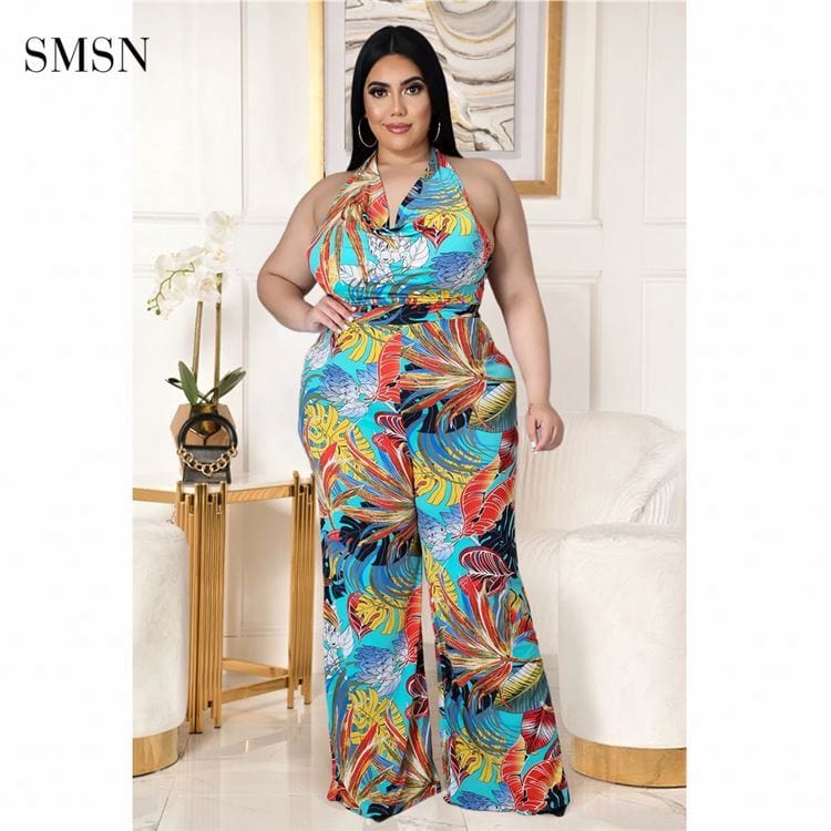 SMSN OSINA New Trendy Tropical Print Backless Halter Jumpsuit Pants Wide Leg Summer Plus Size Women Jumpsuits And Rompers