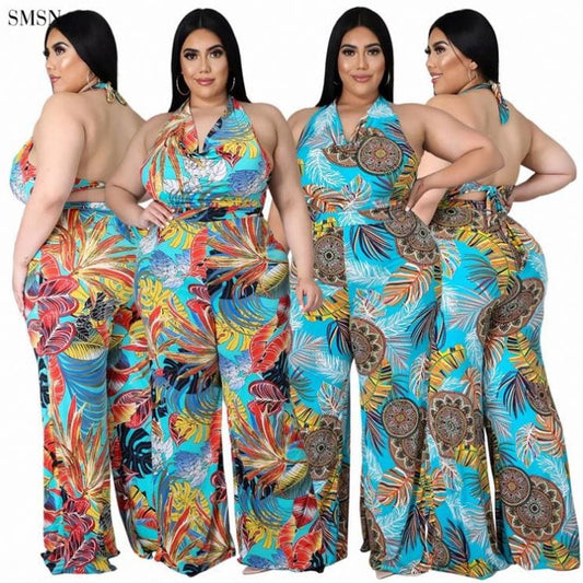 SMSN OSINA New Trendy Tropical Print Backless Halter Jumpsuit Pants Wide Leg Summer Plus Size Women Jumpsuits And Rompers