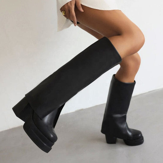 Soft PU Leather High Chunky Heel Round Toe Women Boots Fashion Overlay Black Folds Winter Knee High Boots Handmade Women Shoes