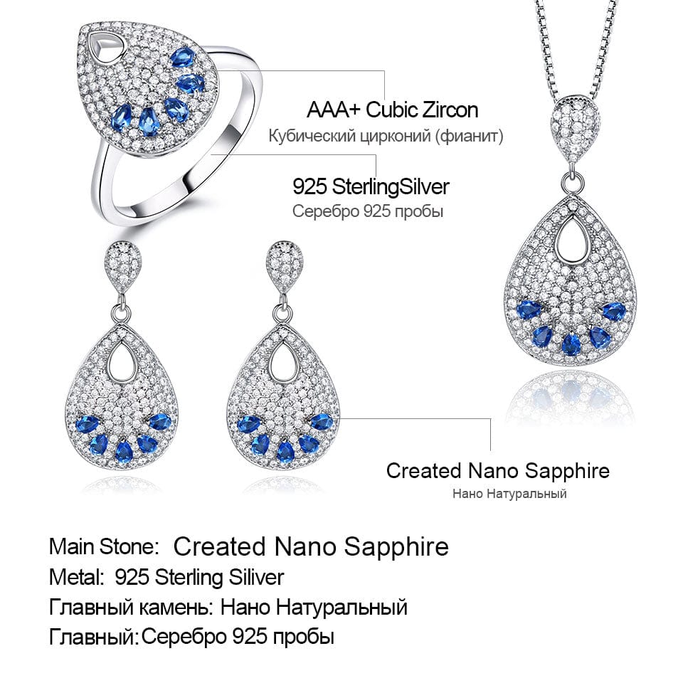 Solid 925 Sterling Silver Created Nano Sapphire Classic Jewelry Set For Women Wedding Anniversary Gift Fine Jewelry