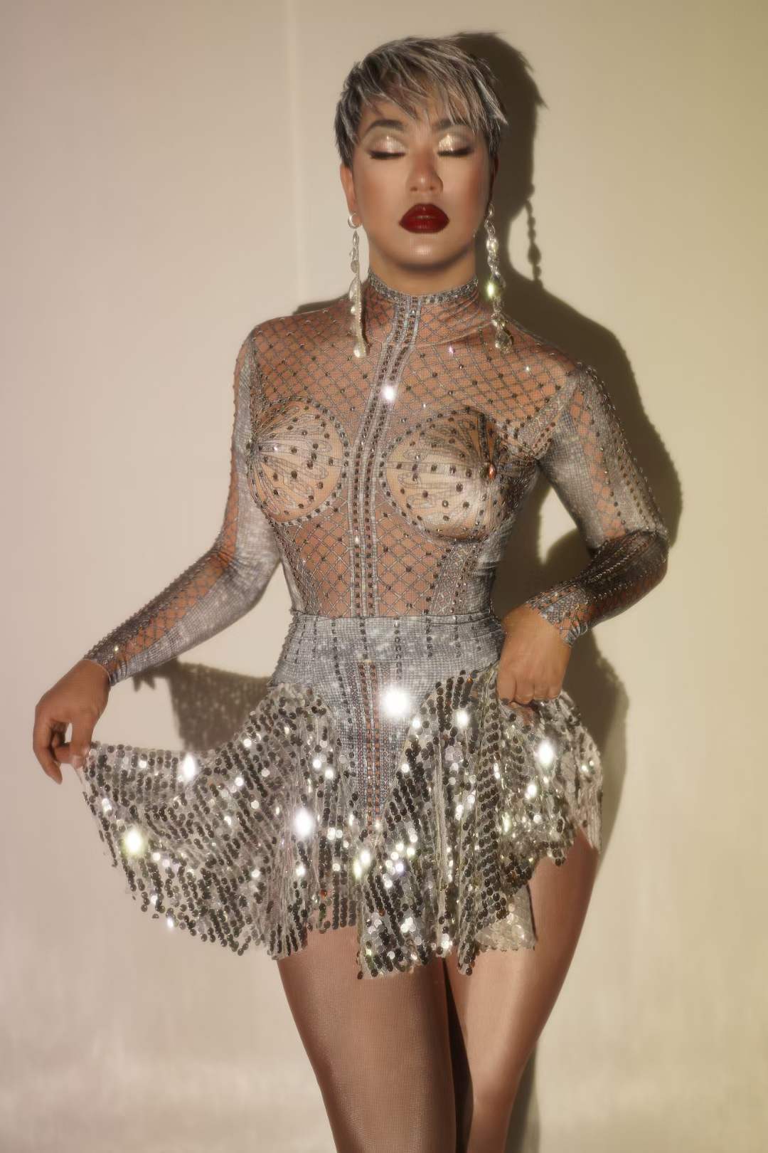 Sparkly Rhinestone Long Sleeve Top And Sequin Mini Skirt Set Turtleneck Mesh See Through Mini Skirt Sexy 2 Pieces Set Party Wear