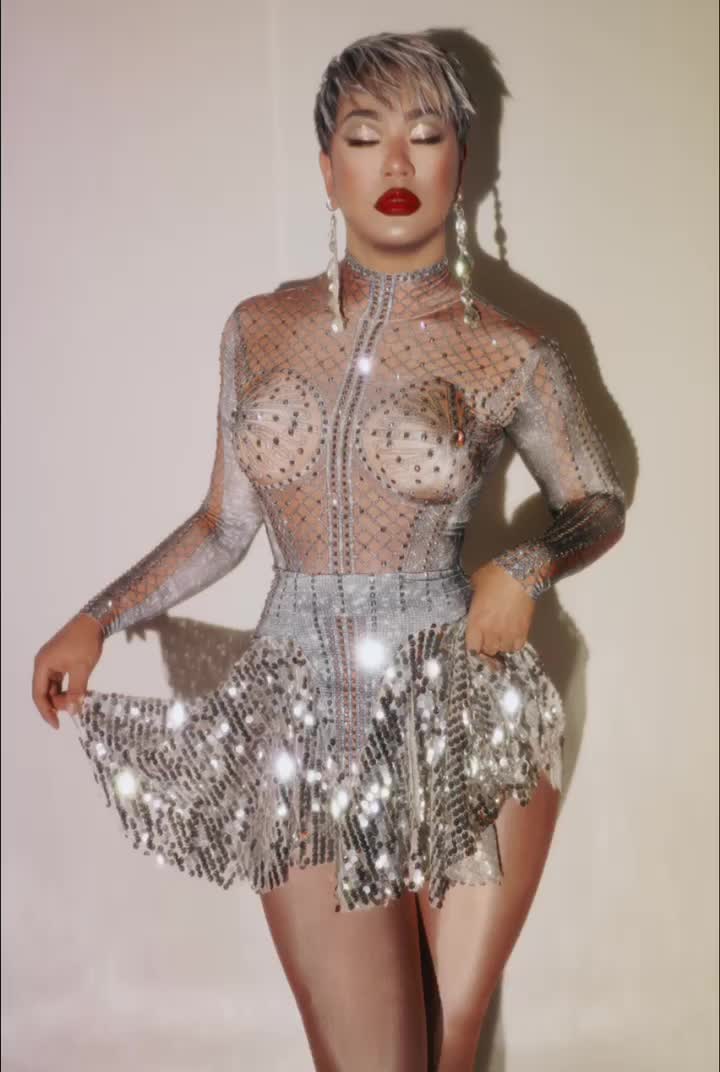 Sparkly Rhinestone Long Sleeve Top And Sequin Mini Skirt Set Turtleneck Mesh See Through Mini Skirt Sexy 2 Pieces Set Party Wear