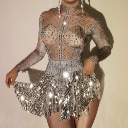 Sparkly Rhinestone Long Sleeve Top And Sequin Mini Skirt Set Turtleneck Mesh See Through Mini Skirt Sexy 2 Pieces Set Party Wear