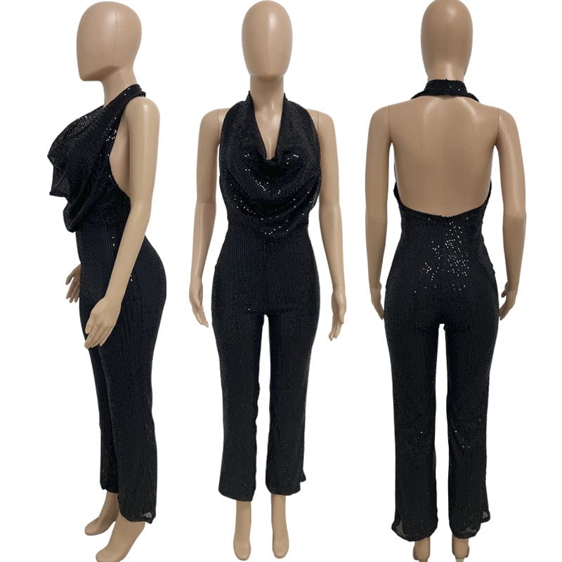 Spot summer casual sexy club party new ladies one piece jumpsuit women's sleeveless hanging neck sequin women jumpsuits