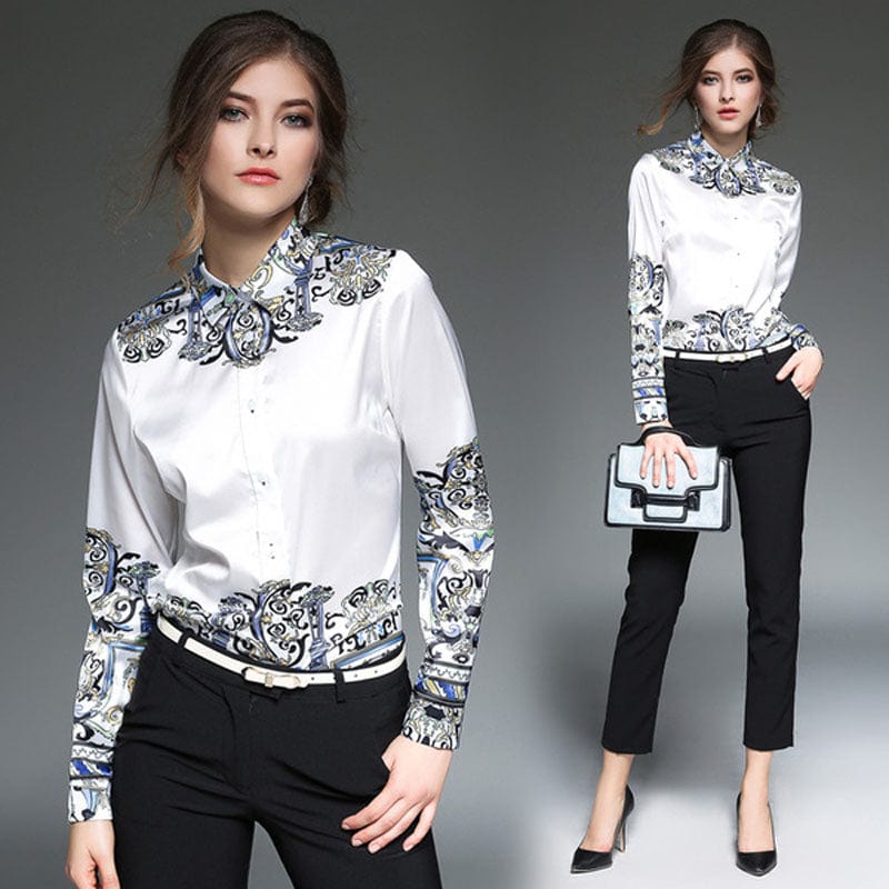 Spot YSQ8513045 new women's European and American temperament print shirt fashion wild lapel long-sleeved shirt