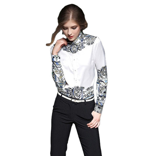 Spot YSQ8513045 new women's European and American temperament print shirt fashion wild lapel long-sleeved shirt