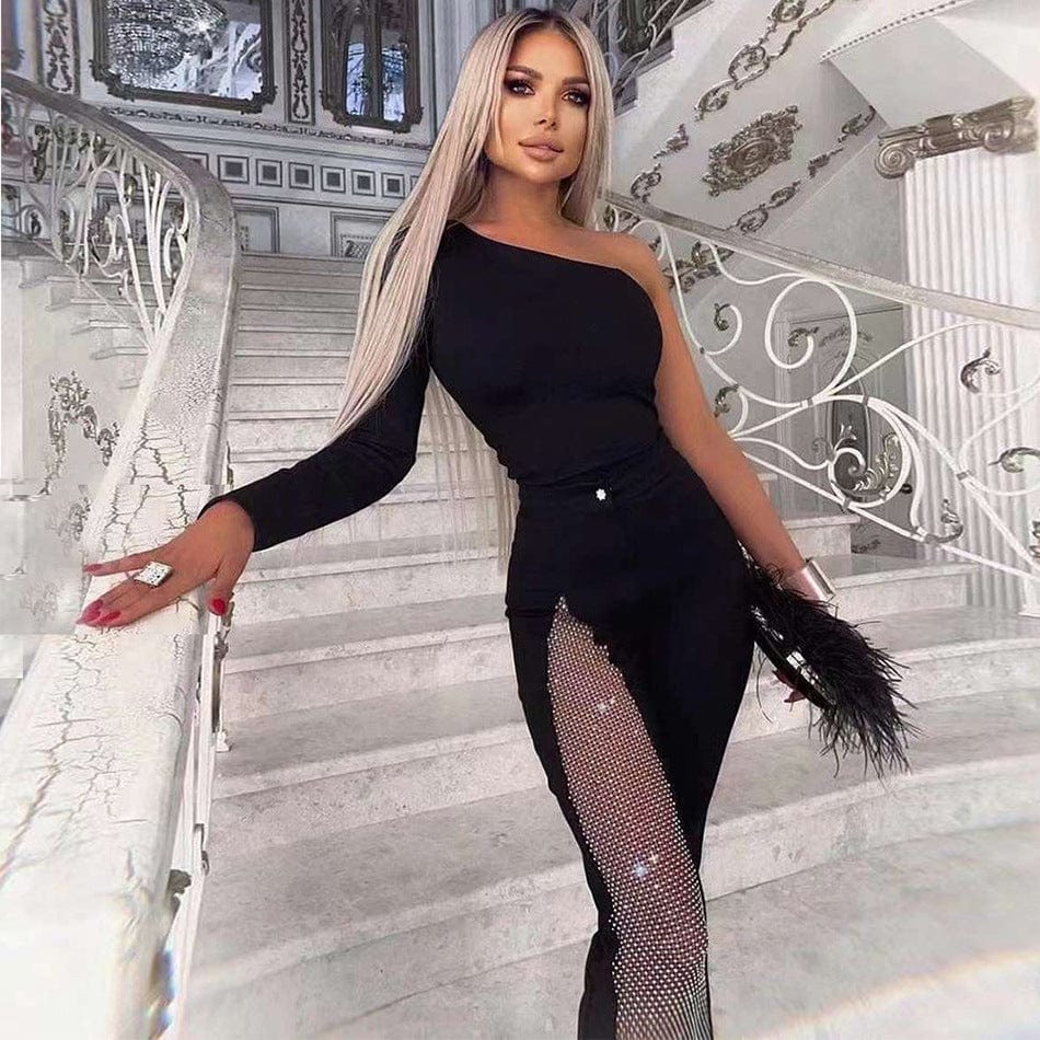 spring 2022 hot selling fashion women clothing single sleeve mesh beading flare pants women's sexy tight bandage jumpsuit