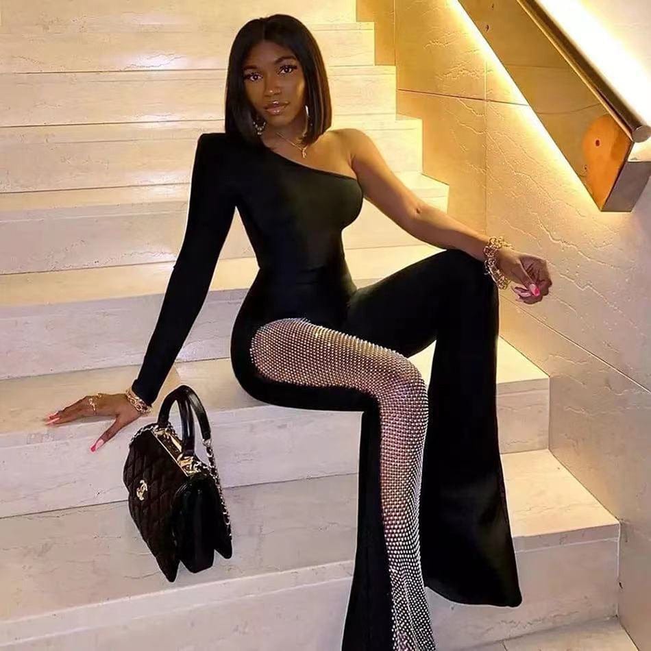 spring 2022 hot selling fashion women clothing single sleeve mesh beading flare pants women's sexy tight bandage jumpsuit