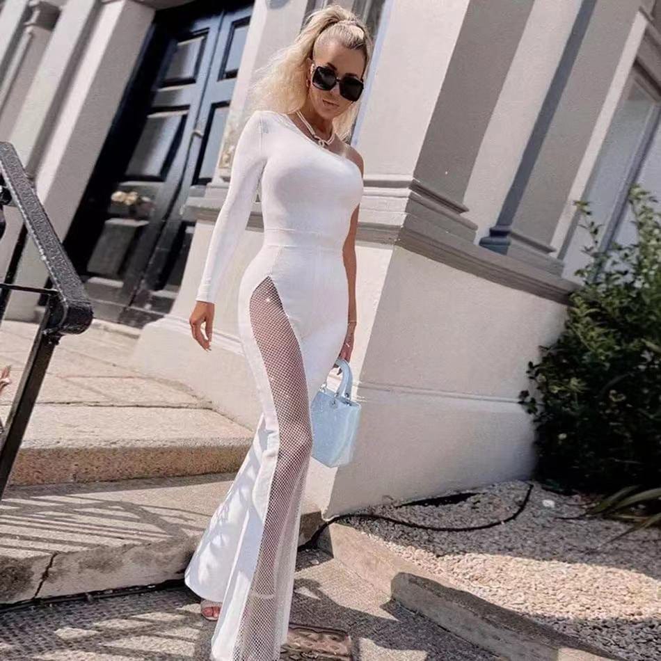 spring 2022 hot selling fashion women clothing single sleeve mesh beading flare pants women's sexy tight bandage jumpsuit