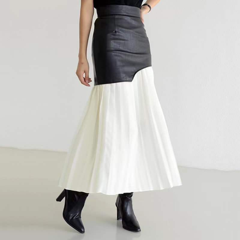 Spring 2022 New Arrivals Women Dress False Two Pieces High Waist PU Leather Spliced Chiffon Mid-Length pleated Skirt