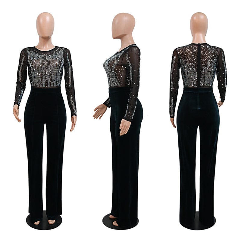 spring 2023 festival crystal rhinestone mesh sheer patchwork velvet pants long sleeve romper jumpsuit rhinestones women outfit