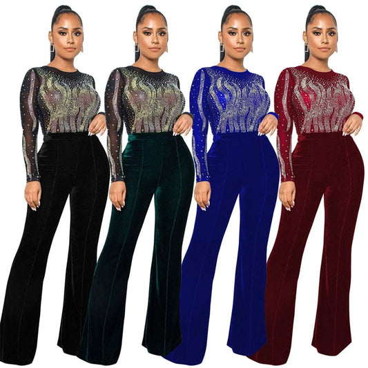 spring 2023 festival crystal rhinestone mesh sheer patchwork velvet pants long sleeve romper jumpsuit rhinestones women outfit