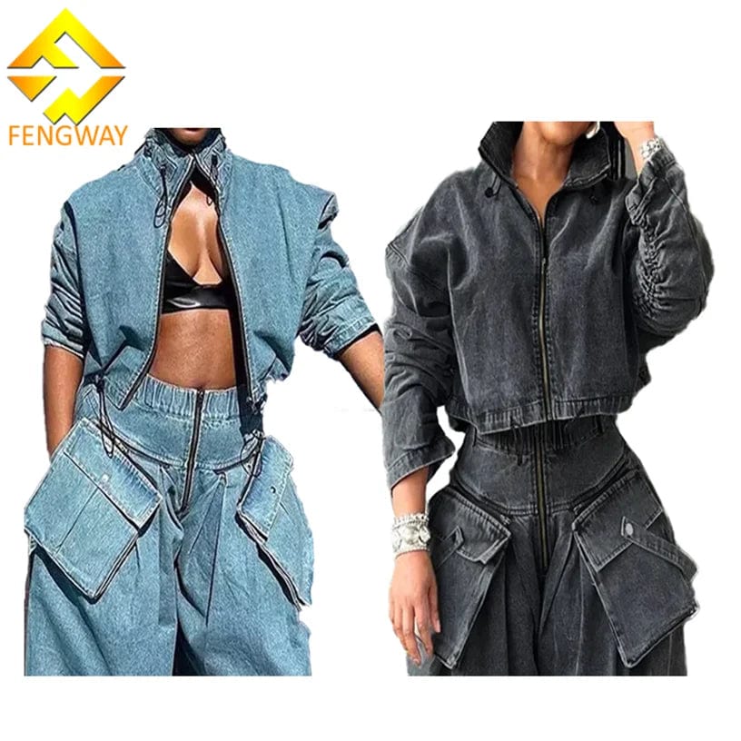 Spring 2024 Women Clothes Trendy Washed Denim Coat Fashion Loose Short Jacket Stand Collar Zipper Denim Jacket