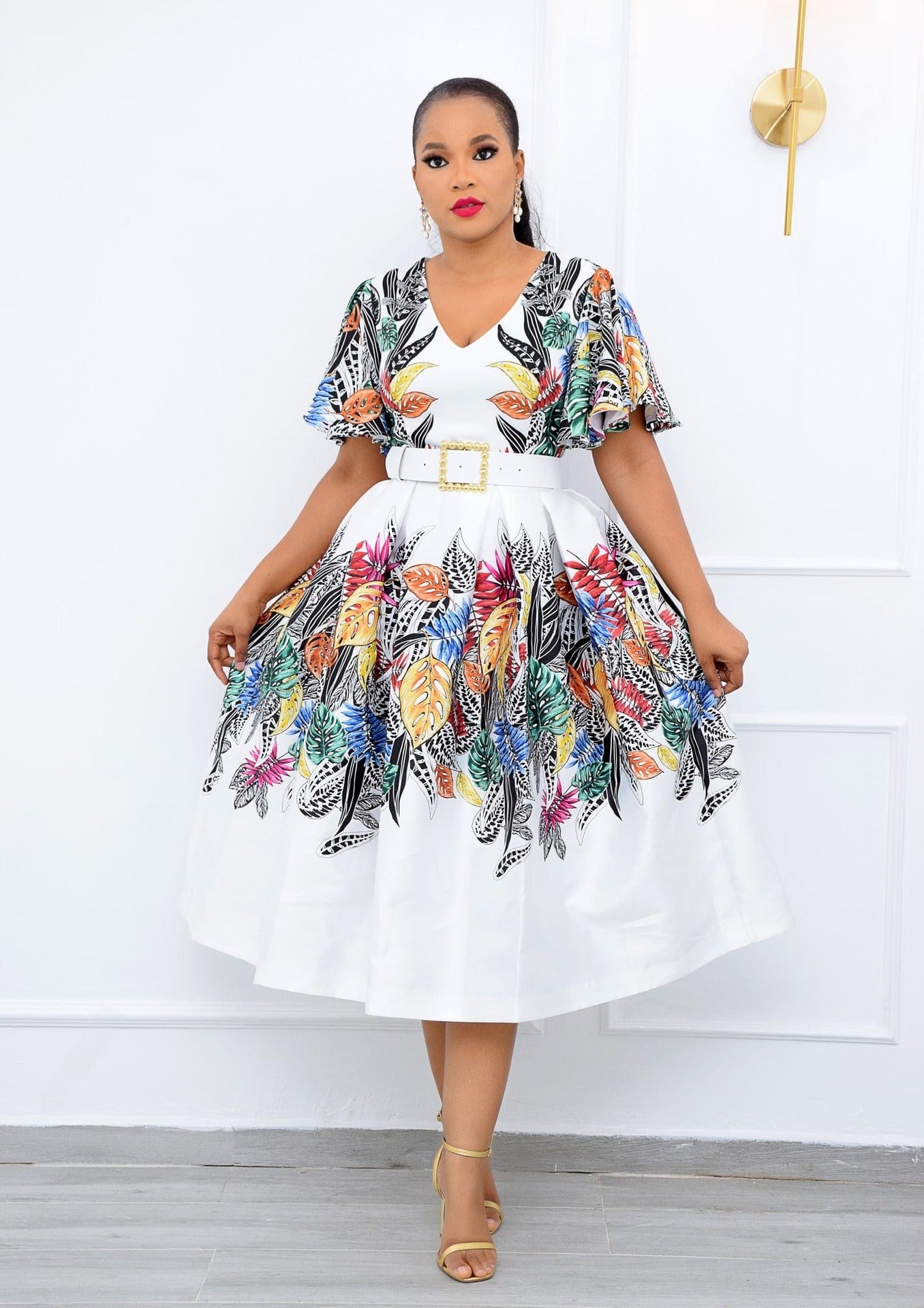 Spring and summer women's mid-length skirt ethnic style print loose elastic waist white elegant dress