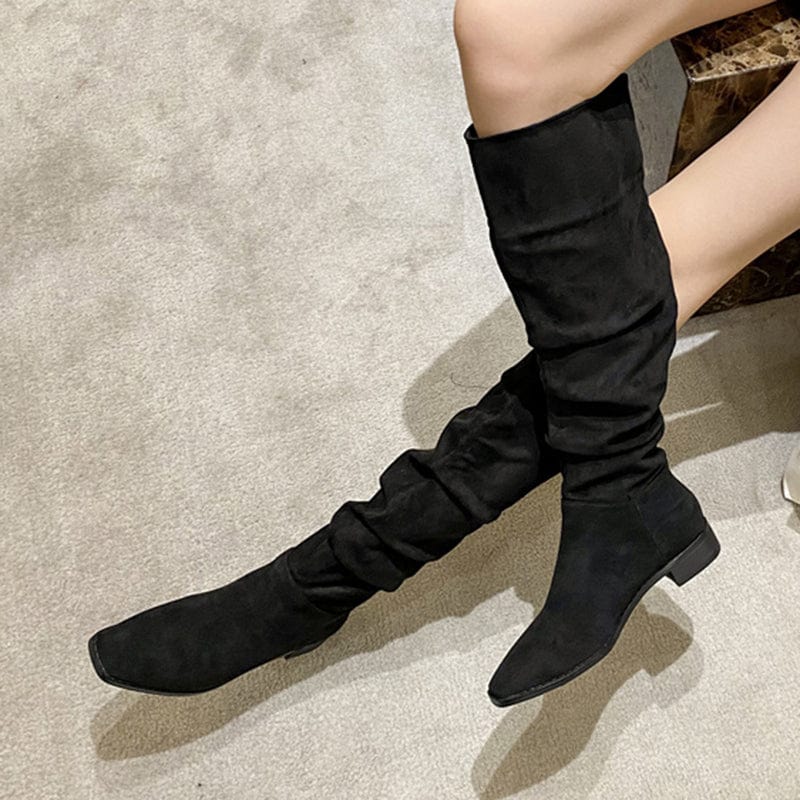 Spring Autumn Leather Thick Soled Boots Fashion Lace-up Side Zippers Round Head Knee-High Motorcycle 35-39 Boots For Women