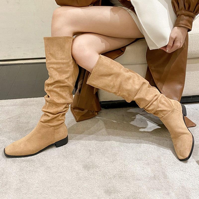 Spring Autumn Leather Thick Soled Boots Fashion Lace-up Side Zippers Round Head Knee-High Motorcycle 35-39 Boots For Women