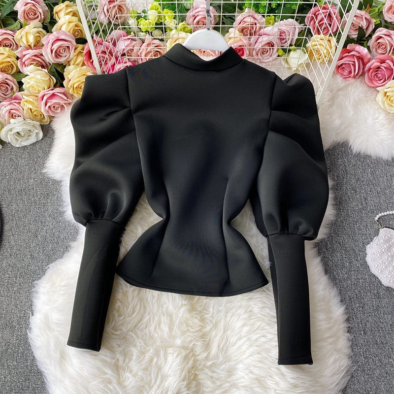 Spring Autumn New Temperament Stand-up Collar Shirt Winter Slim Long sleeve Puff Sleeve Top Fashion Shirt Women's