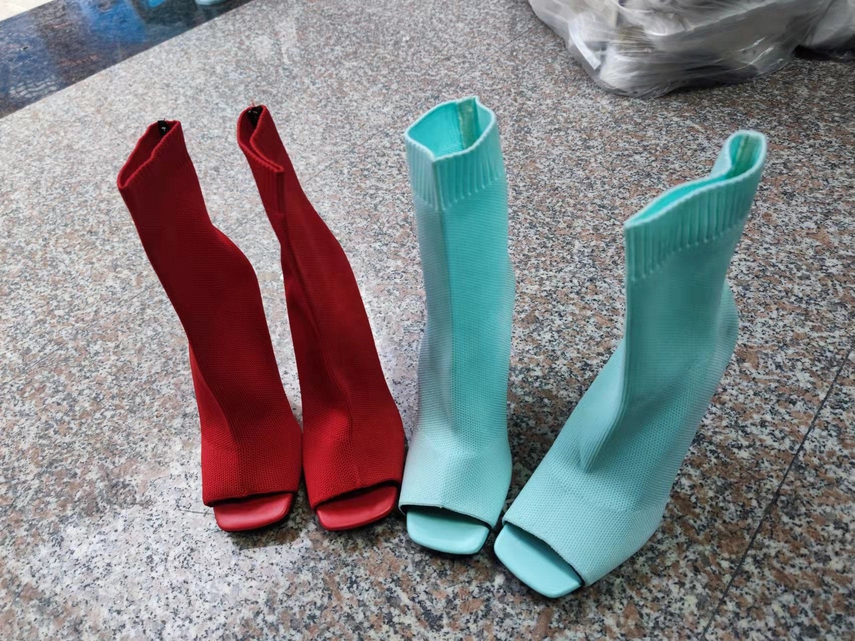 Spring New Fashion Knitted Ladies Stiletto High Heel Boots Women Open Toe Sock Ankle Heeled Shoes Sexy Boots Red and Green