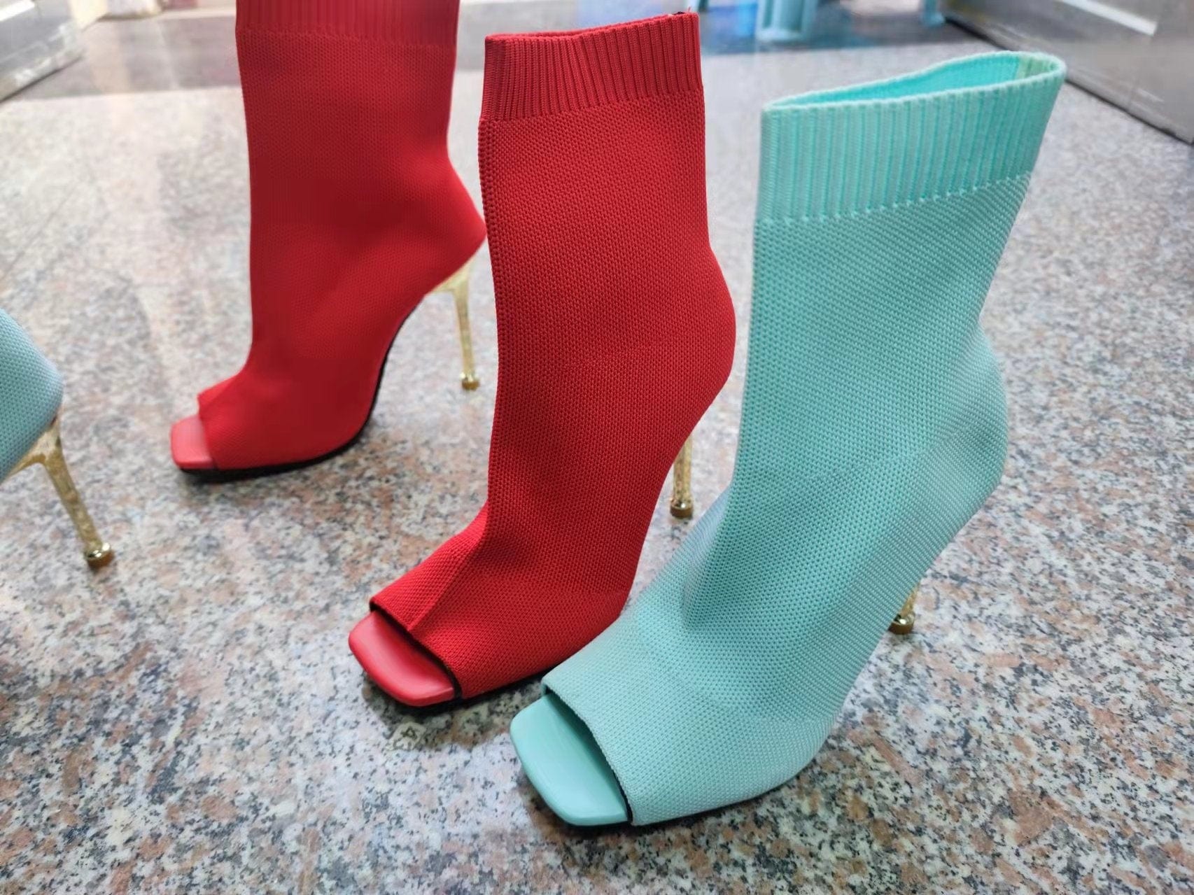 Spring New Fashion Knitted Ladies Stiletto High Heel Boots Women Open Toe Sock Ankle Heeled Shoes Sexy Boots Red and Green