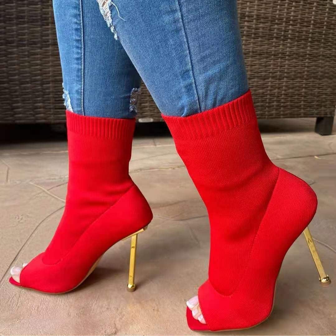 Spring New Fashion Knitted Ladies Stiletto High Heel Boots Women Open Toe Sock Ankle Heeled Shoes Sexy Boots Red and Green