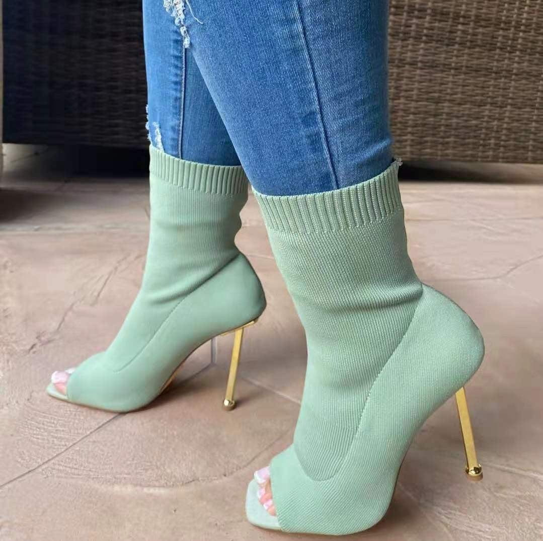 Spring New Fashion Knitted Ladies Stiletto High Heel Boots Women Open Toe Sock Ankle Heeled Shoes Sexy Boots Red and Green