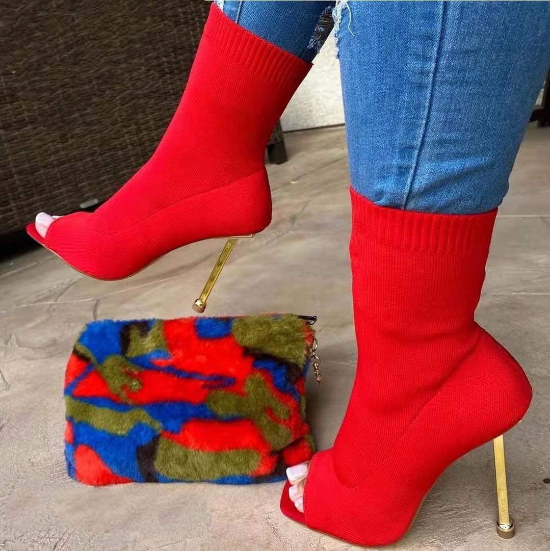 Spring New Fashion Knitted Ladies Stiletto High Heel Boots Women Open Toe Sock Ankle Heeled Shoes Sexy Boots Red and Green