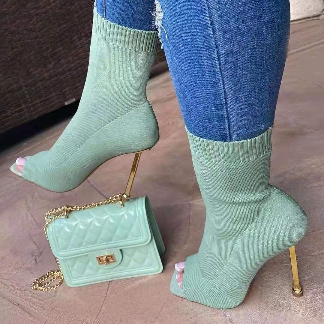 Spring New Fashion Knitted Ladies Stiletto High Heel Boots Women Open Toe Sock Ankle Heeled Shoes Sexy Boots Red and Green