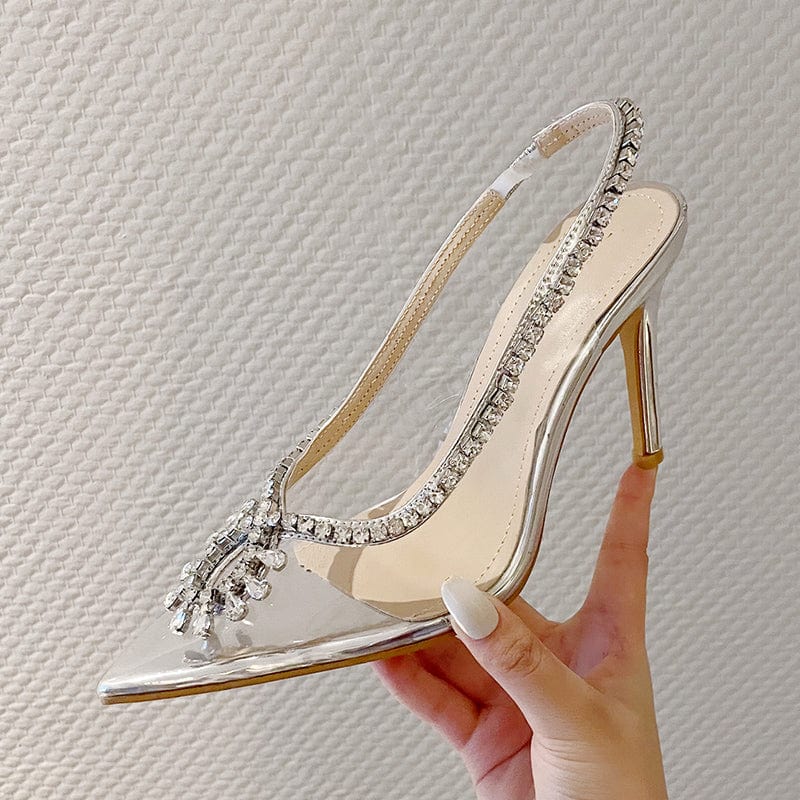 Spring Silvery Sun Flower Crystal 2023 Fashion Shoes Pointed High Heels Thin Heel Slip-On Party PVC Pumps 35-41 Women Shoes