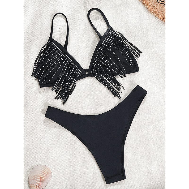 ST92030665 2022 Fringe Sling Triangle cup Bikini Two Pieces Deep V Backless Black Beachwear Stylish Tassel Swimsuit