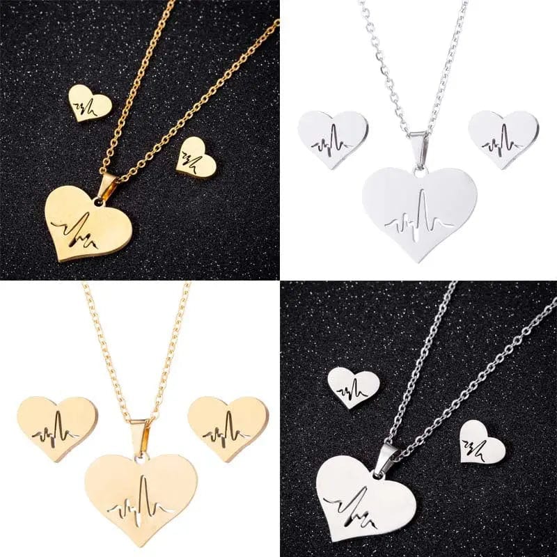 stainless steel Ecg Heart pendant necklaces and earrings jewelry set for girls