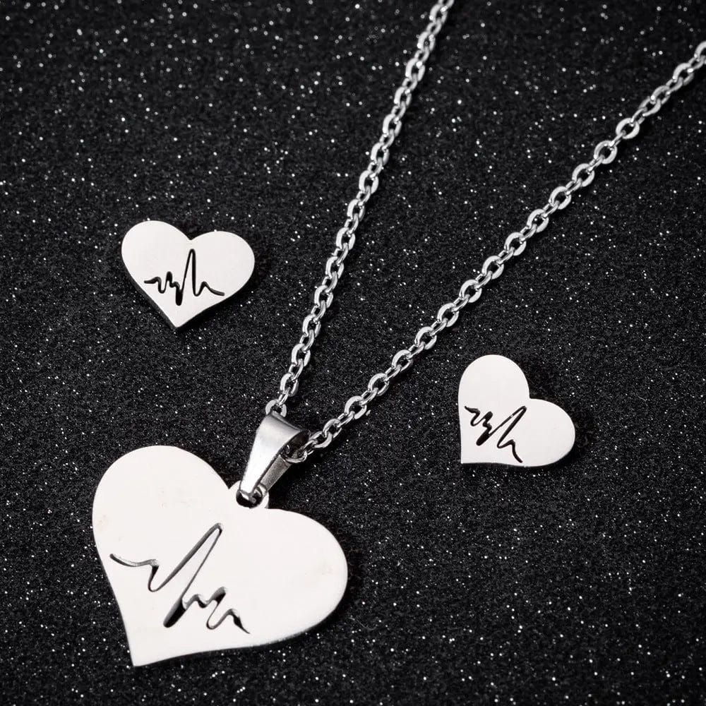 stainless steel Ecg Heart pendant necklaces and earrings jewelry set for girls