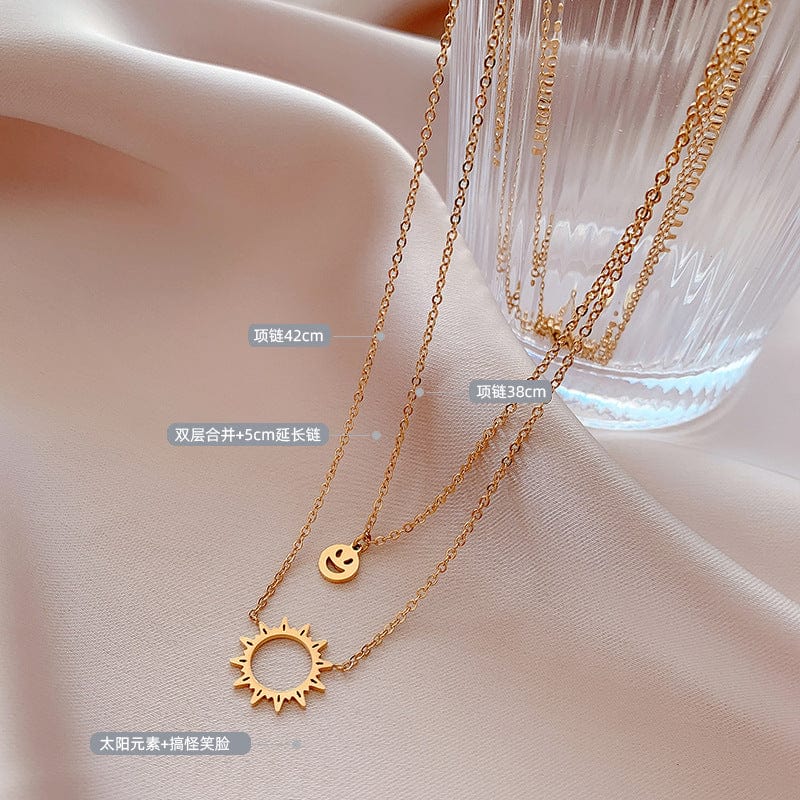 Stainless Steel Smiley Sunflower Double Layer Necklace For Women Gold Metal Smile Sun Double Layer Set Choker High Quality