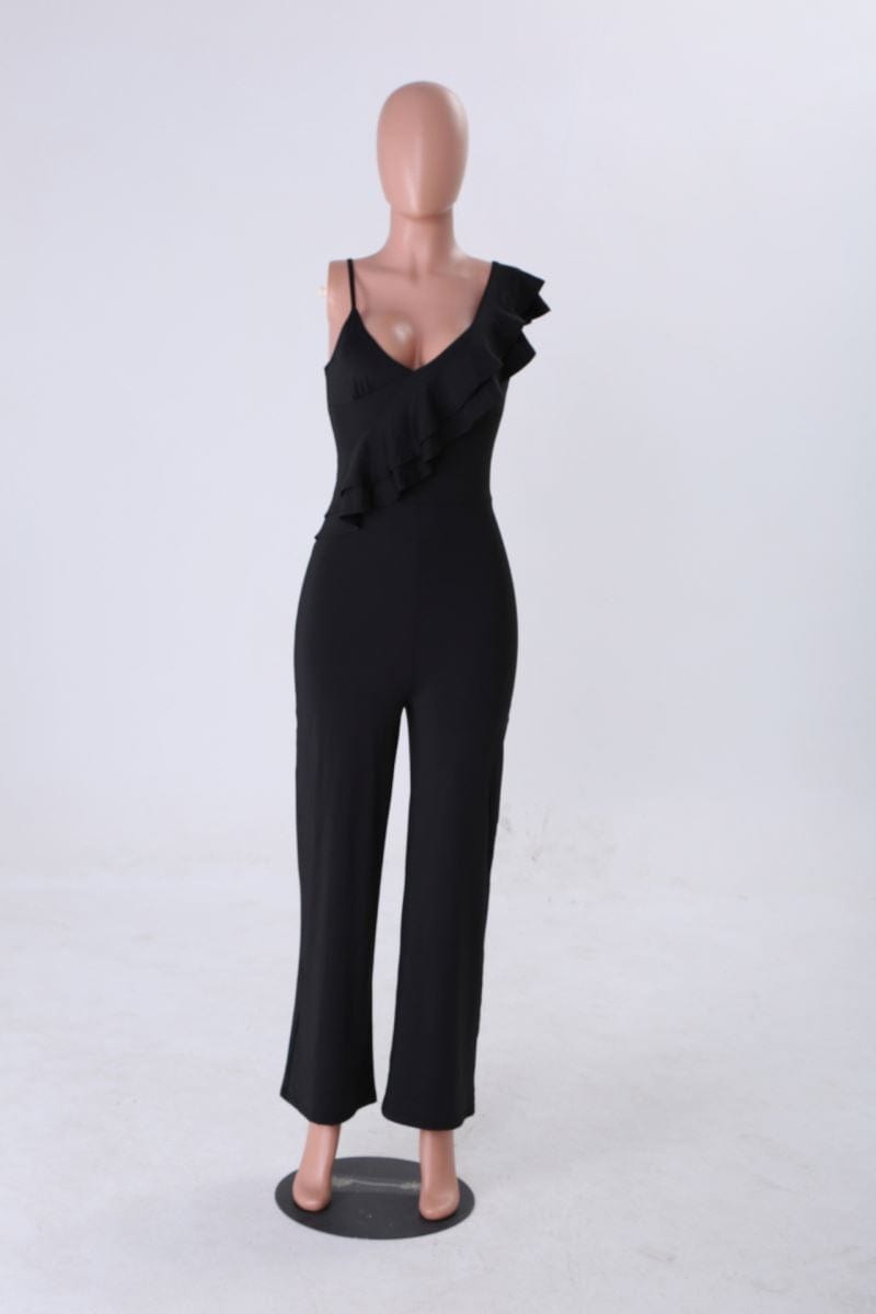 Stock Available Summer V Neck Jumpsuit High Waist Sleeveless Ruffle Jumpsuits Elegant Women One Piece Jumpsuit