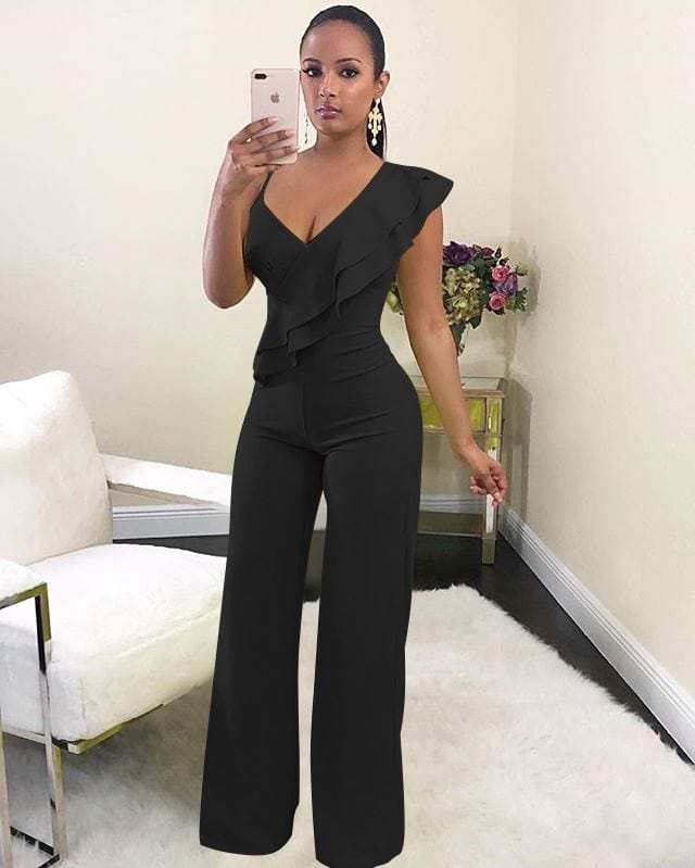 Stock Available Summer V Neck Jumpsuit High Waist Sleeveless Ruffle Jumpsuits Elegant Women One Piece Jumpsuit