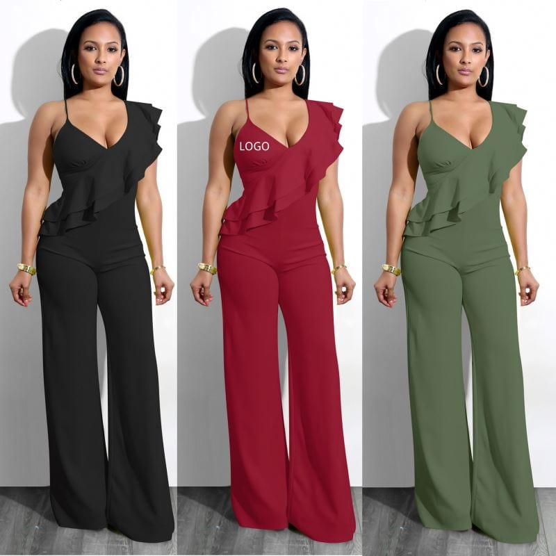 Stock Available Summer V Neck Jumpsuit High Waist Sleeveless Ruffle Jumpsuits Elegant Women One Piece Jumpsuit