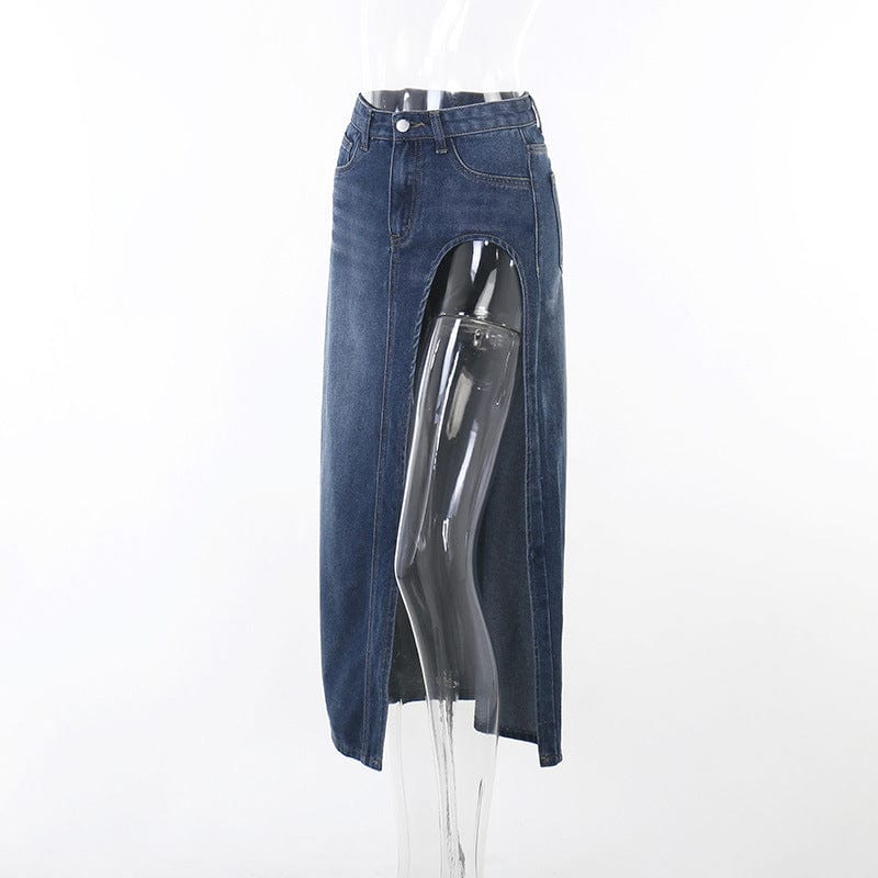 Streetwear fashion wholesale high waist blue jeans skirt for women ladies sexy high slit long denim skirt