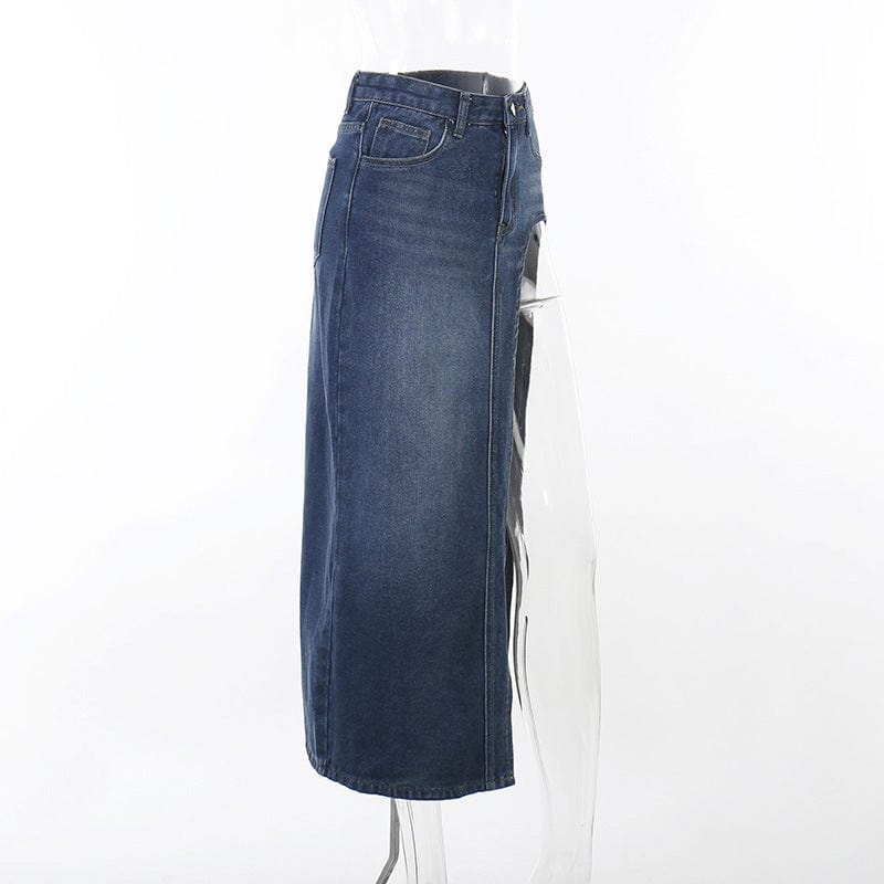 Streetwear fashion wholesale high waist blue jeans skirt for women ladies sexy high slit long denim skirt