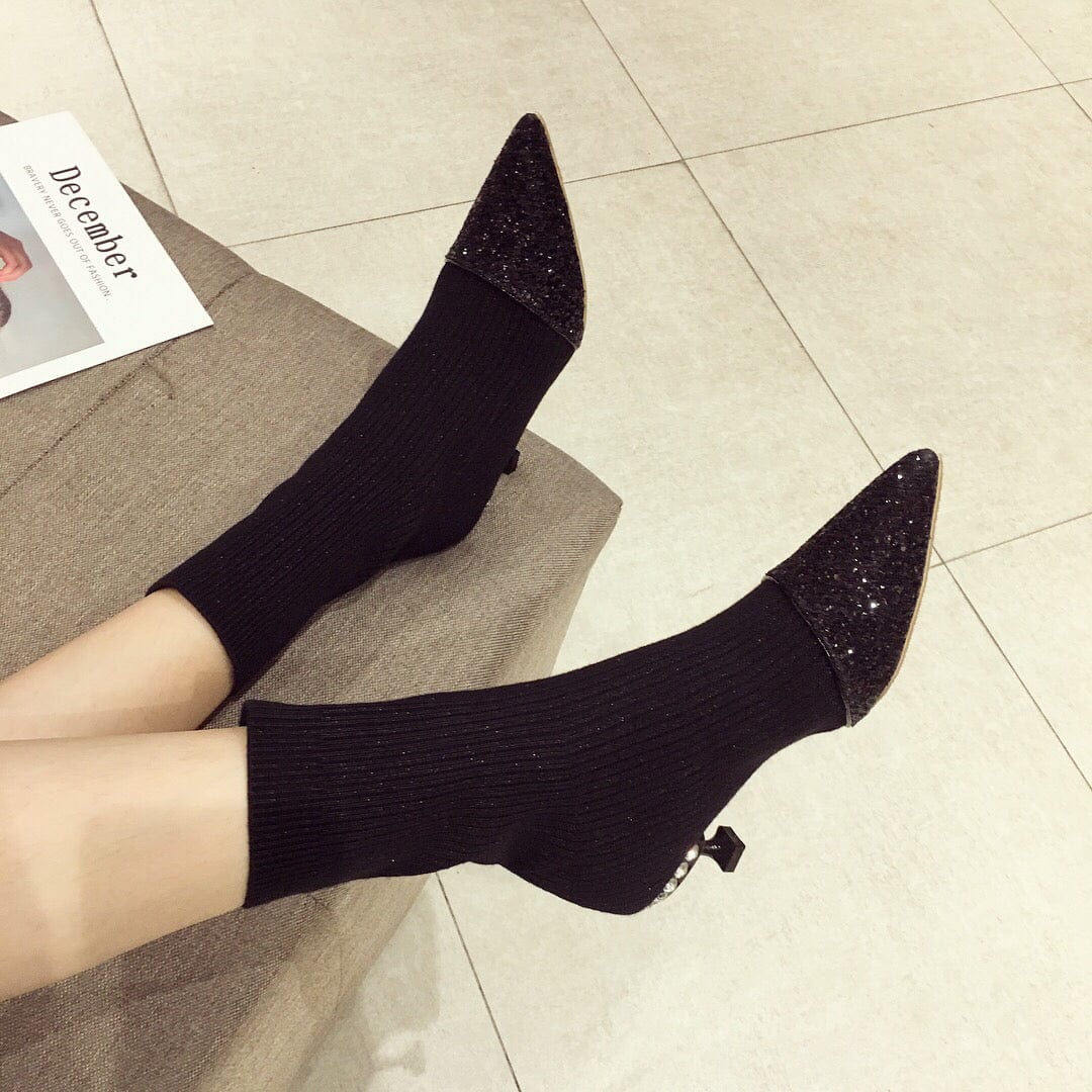 Stretchy Knit Fabric New Stylish Low Heel Fashion Women Ankle Boots Shoes