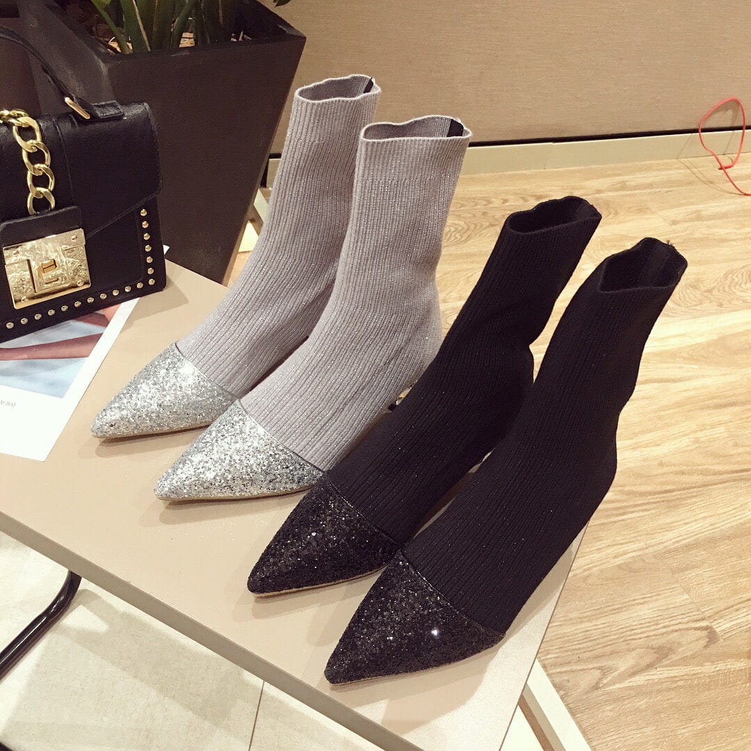 Stretchy Knit Fabric New Stylish Low Heel Fashion Women Ankle Boots Shoes