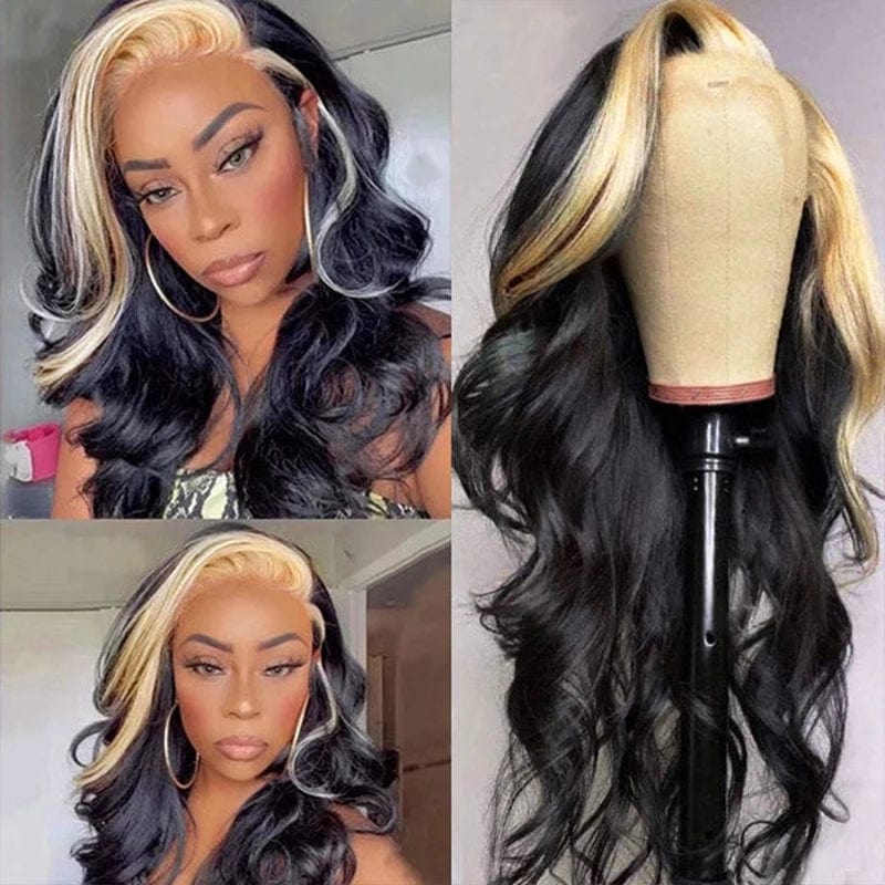 Stripe Highlight Black and Blonde Wigs 5x5 Lace Closure Body Wave Glueless Human Hair Wig Lace Wigs Preplucked