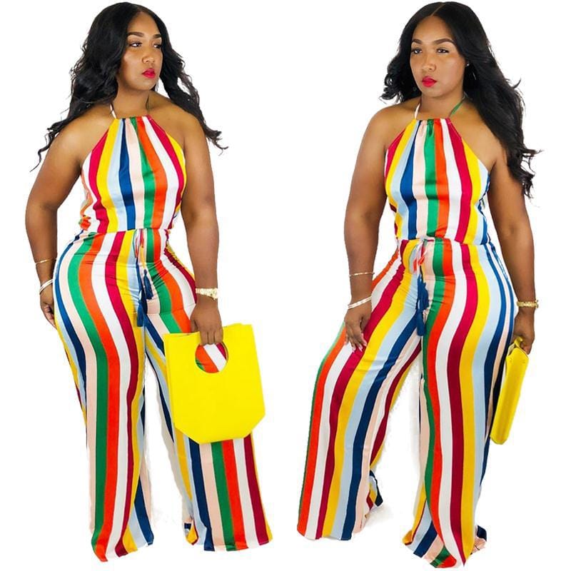 stylish summer halter sleeveless lady rainbow stripe women one piece jumpsuit