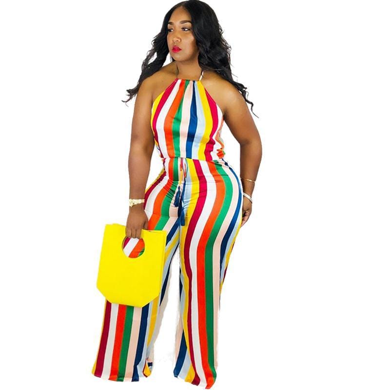 stylish summer halter sleeveless lady rainbow stripe women one piece jumpsuit