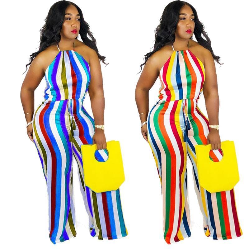 stylish summer halter sleeveless lady rainbow stripe women one piece jumpsuit