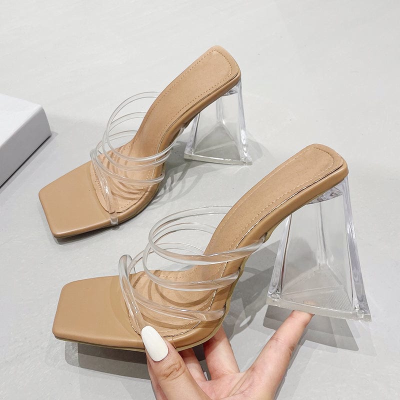 Summer 2022 Heels Fashion Jelly Shoes PVC Riband Transparent Triangle With Slippers Solid Concise Apricot 35-41 Women's Shoes